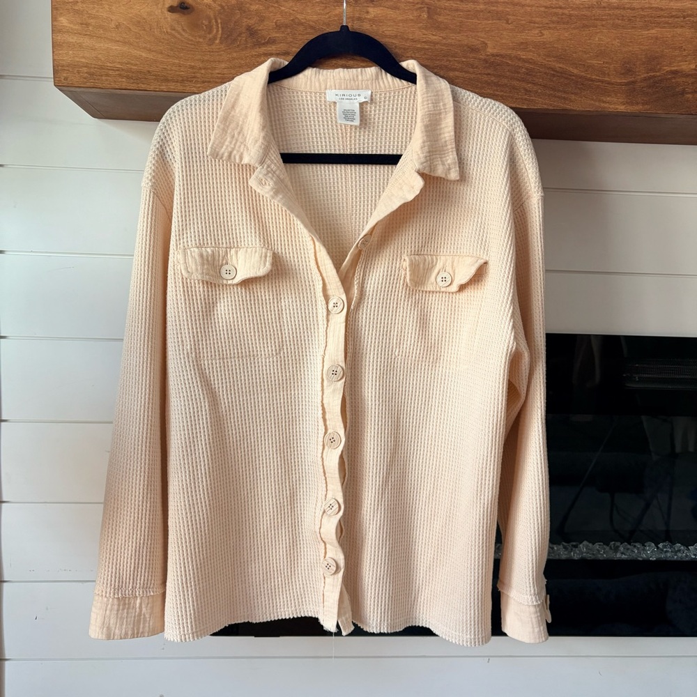 Kirious LA Cream Waffle Knit Button Long Sleeve Shirt | L